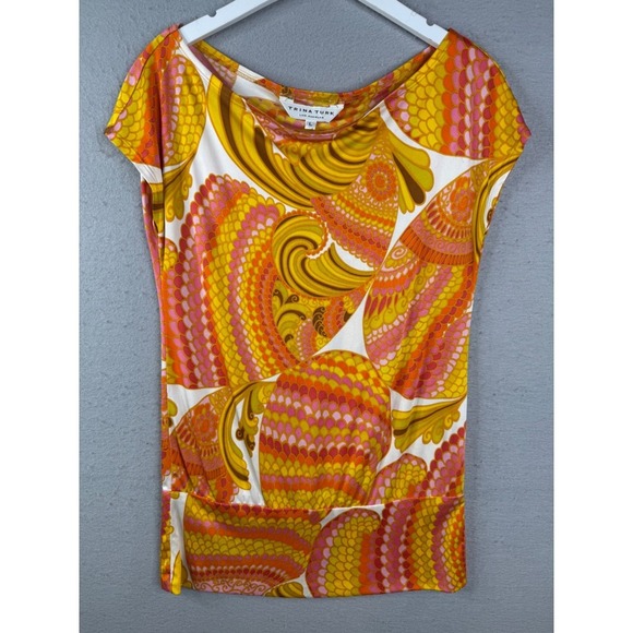 Trina Turk Tops - Trina Turk Silk Blouson Top Women L Bold Psychedelic Retro Cap Sleeve Luxury Mod